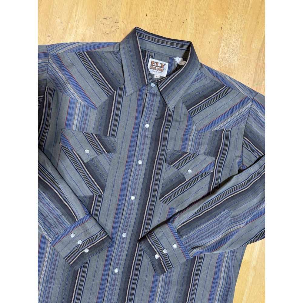 Ely Cattleman Shirt Mens Large Gray Striped Pearl Snap Western Long Sleeve